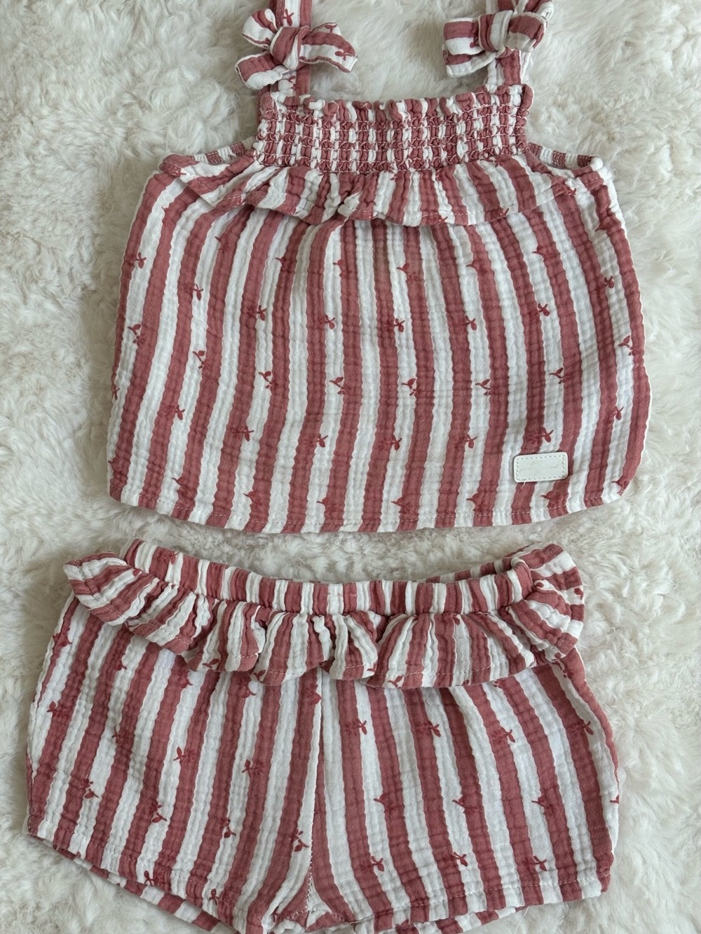 7 For All Mankind Rose and White Striped Smocked Tank + Ruffle Shorts Set